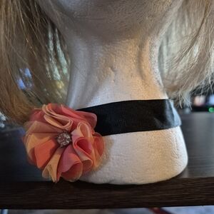 Black Ribbon Choker with Pink-Orange Floral Accent
